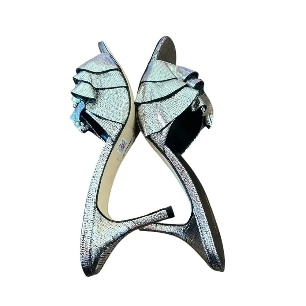 Larroudé Colette Ruffle Stiletto Heel Mule Silver Metallic Leather NEW Size 9
